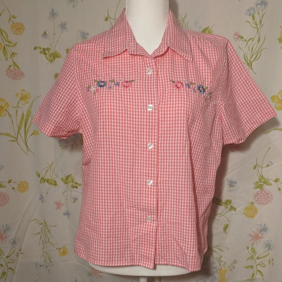 80s Pink gingham and floral Embroidered Shirt - Picture 1 of 6